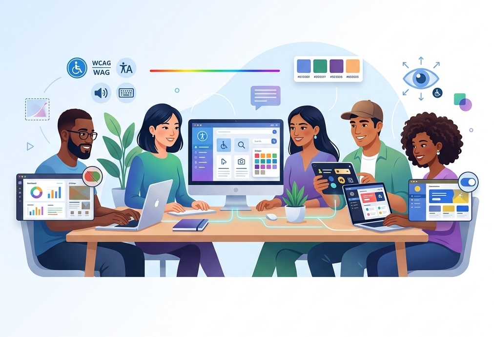Diverse team of designers and developers working together on accessible web interfaces with color palettes, WCAG tools, and inclusive design elements