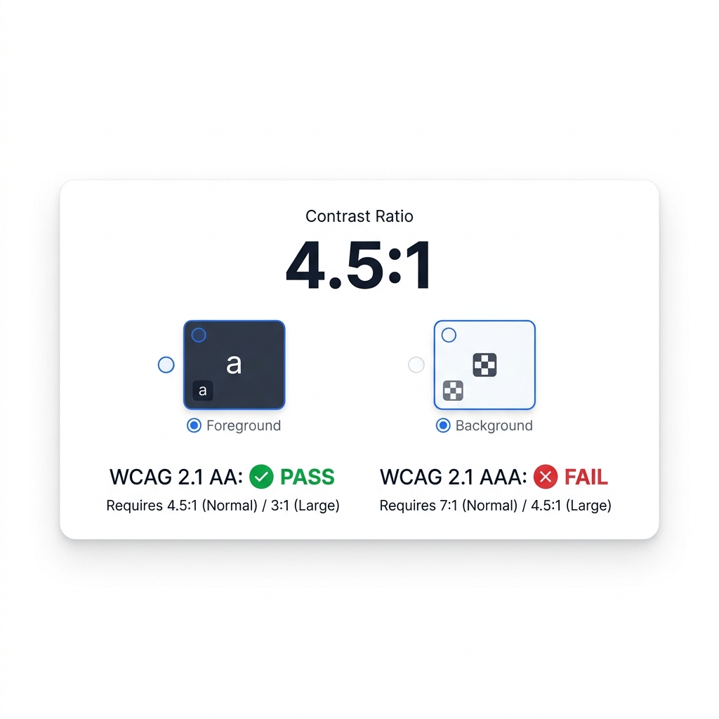 WCAG contrast checker showing 4.5:1 ratio with pass and fail indicators