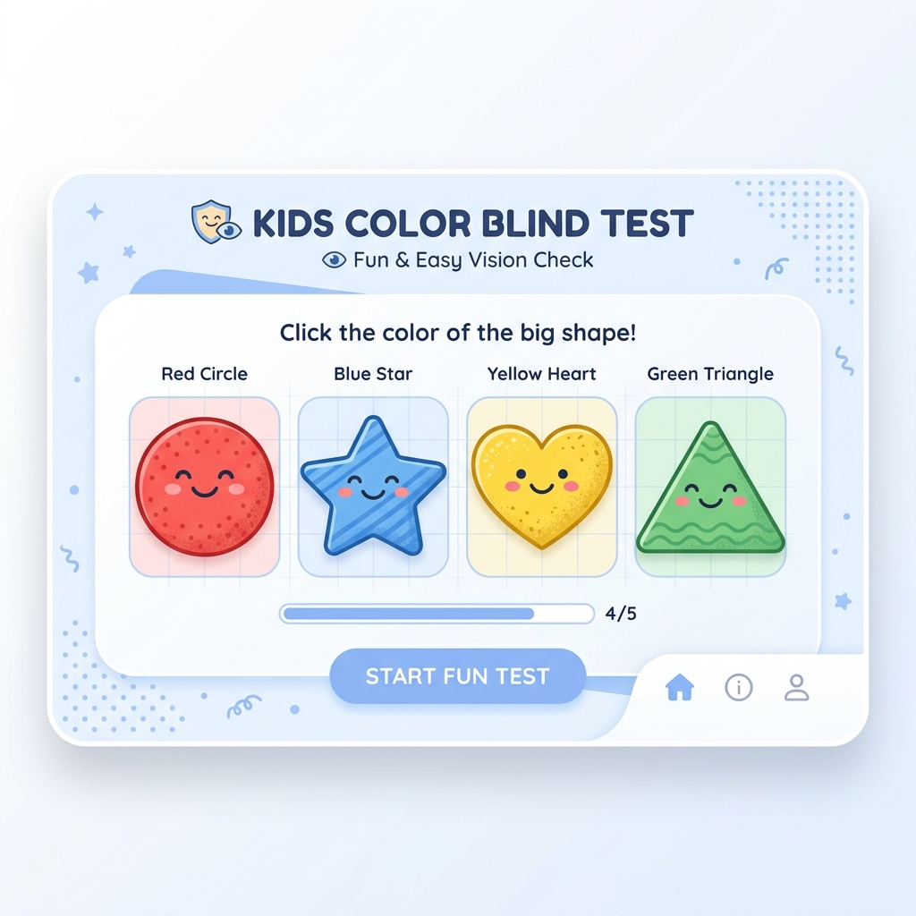 Kids color blind test with fun colorful shapes