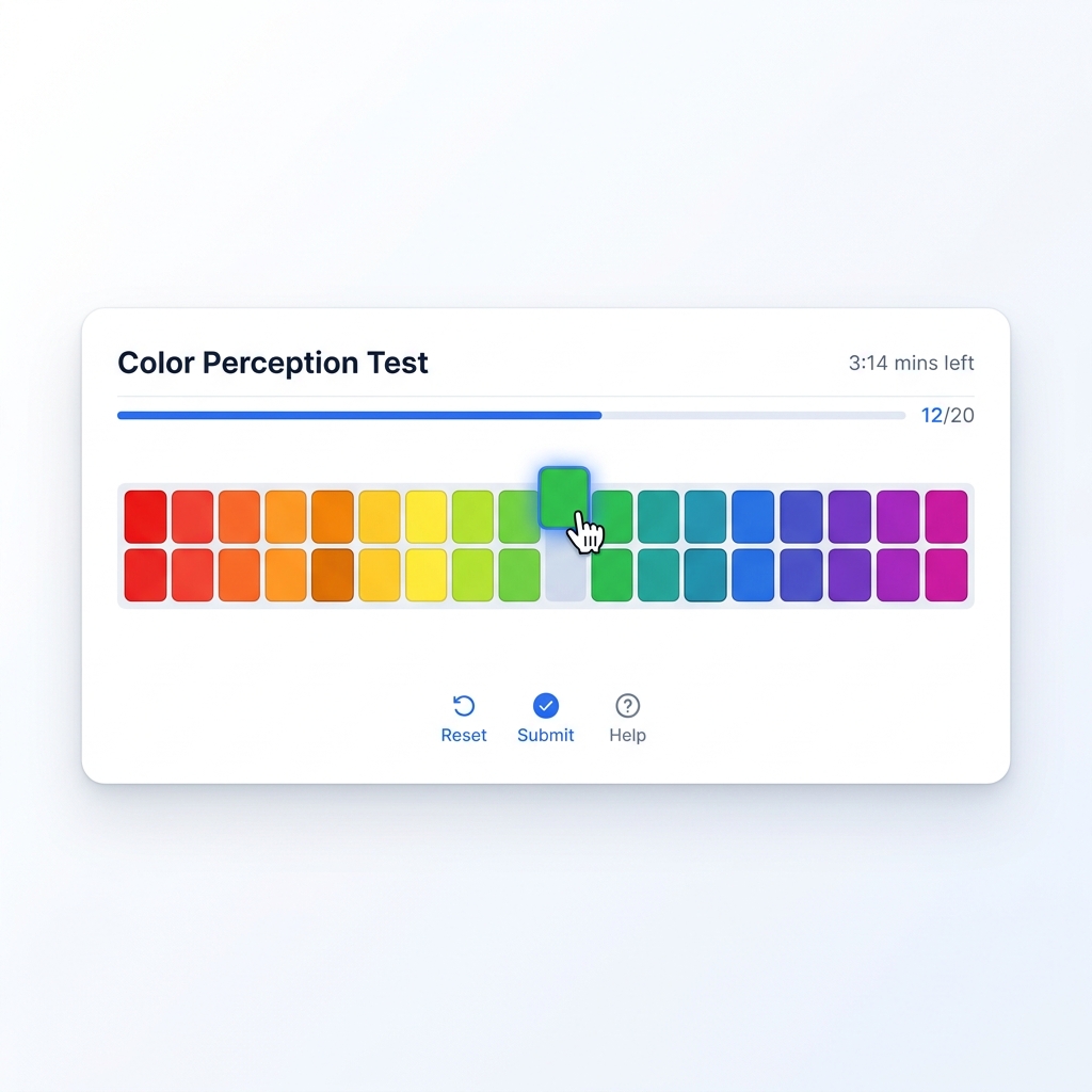 Color perception test with draggable hue tiles in rainbow spectrum