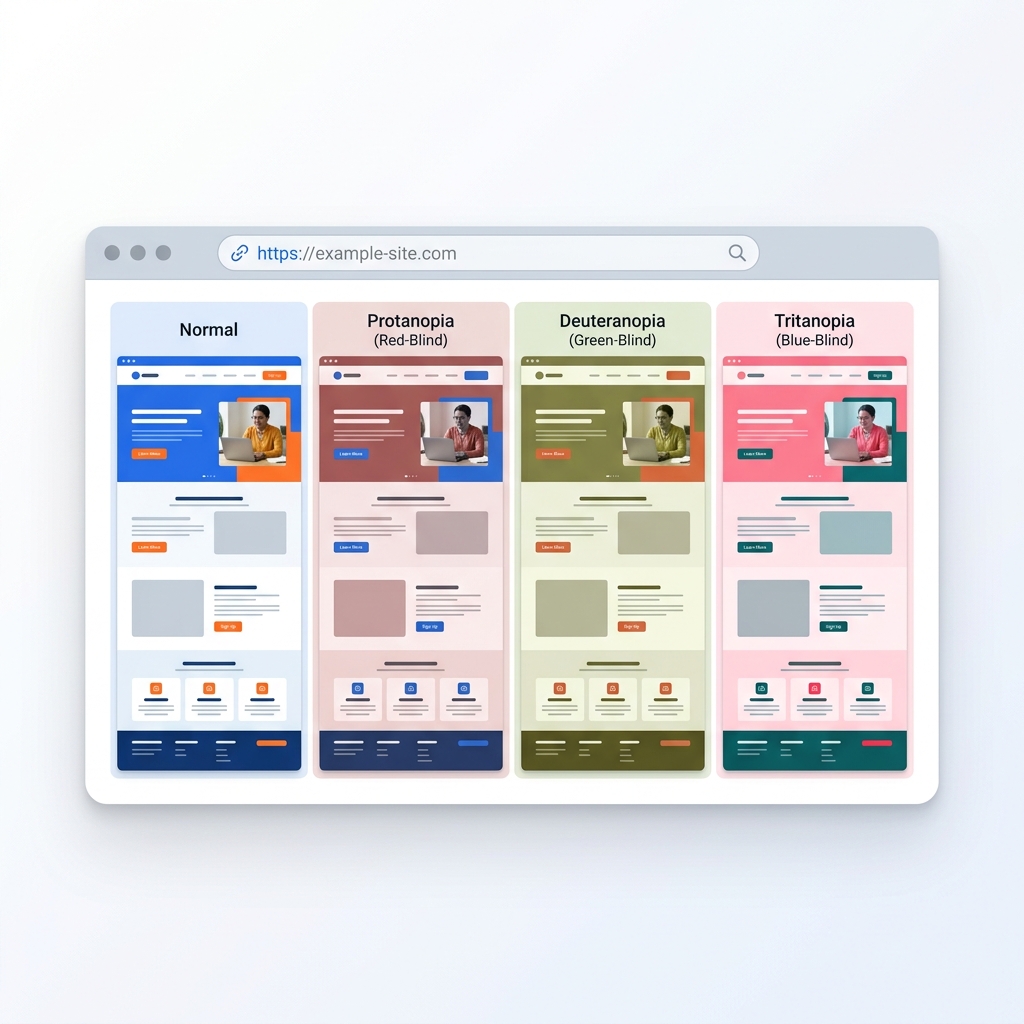 Website accessibility checker showing color blindness simulations of a live webpage